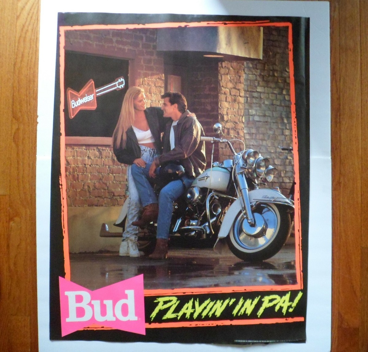 Vintage Budweiser Beer Poster 80s Harley Biker Girl 