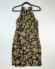 LRL Ralph Lauren Women Dress Blue Yellow Midi Floral Shift High Neck Boho Size 8
