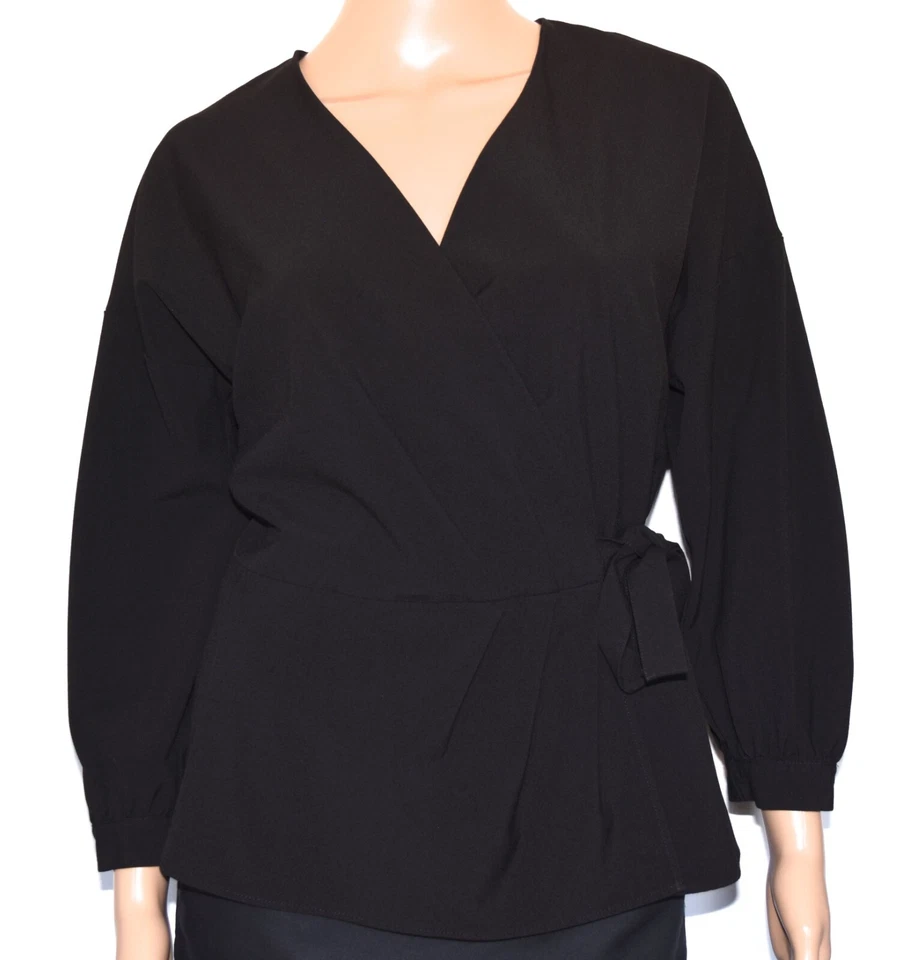 Halogen Black Puff 3/4 Sleeve V-Neck Waist Tie Closure Wrap Peplum Top Size S - Image 2 of 4