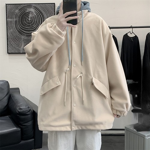 Cappotto uomo con cappuccio giacca finto due pezzi capospalla streetwear hip hop preppy casual - Foto 3 di 15
