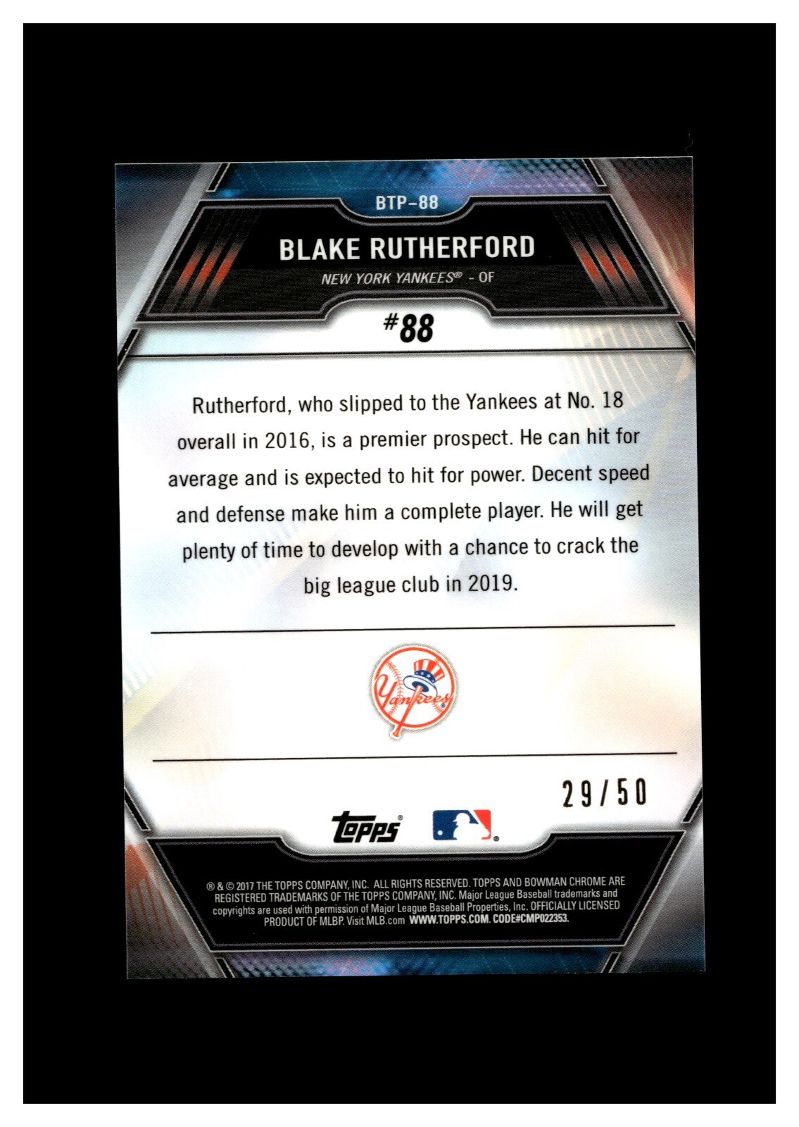 2017 Bowman - Chrome Bowman Scouts Top 100 Blake Rutherford #BTP-88 ...