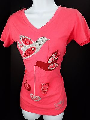 Runs Small Tight Fitting Love with Peace Sign & Flower Rhinestone Ladies V-Neck Heart T-Shirt 