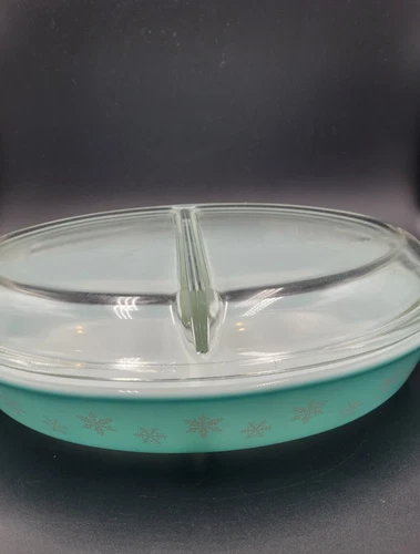 Vintage Pyrex Blue Snowflake Divided Covered Casserole Dish 1.5 Quart #27