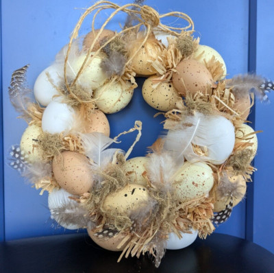 Easter Egg Wreath w/ Natural Looking Eggs and Feathers Spring 9''