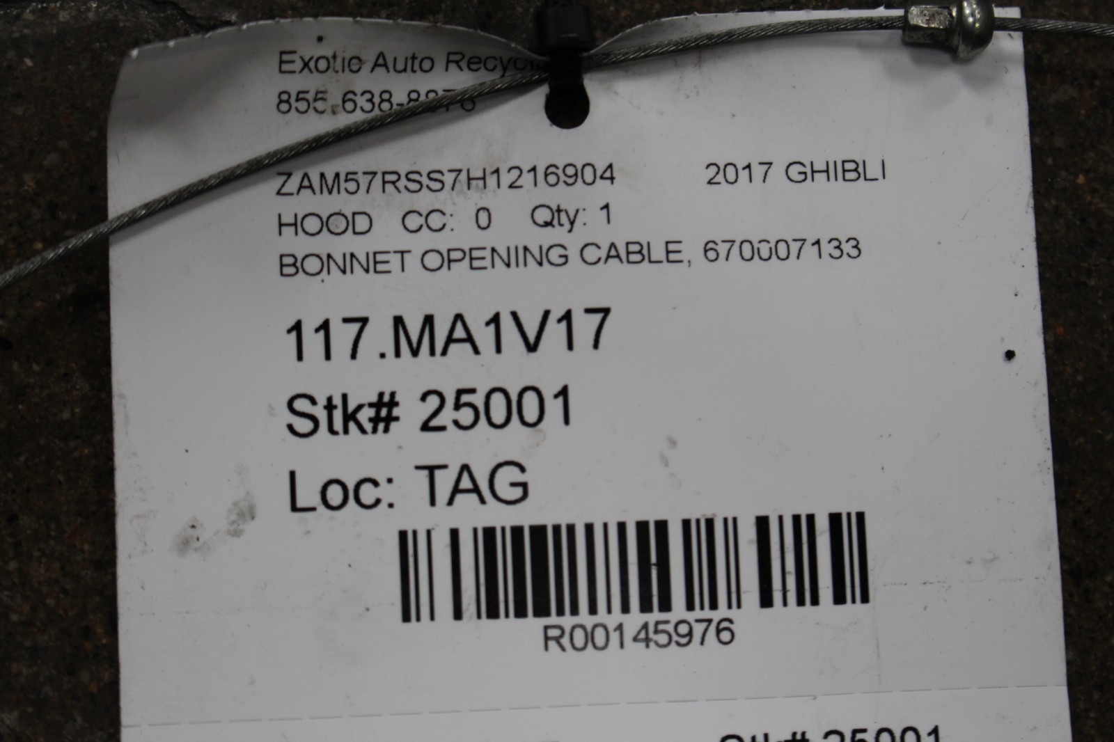 Maserati Ghibli, Hood Release Cable, Used, P/N 670007133