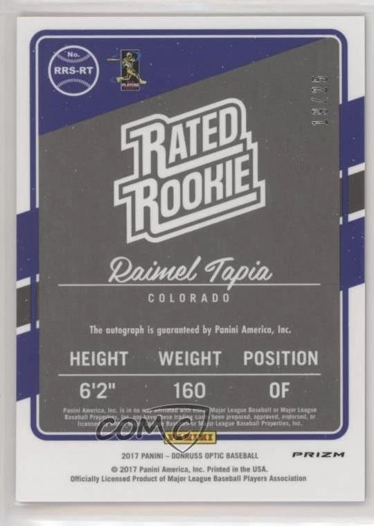 2017 Donruss Optic Rated Rookies Signatures Black Prizm /25 Raimel Tapia Auto RC - Image 2 of 2
