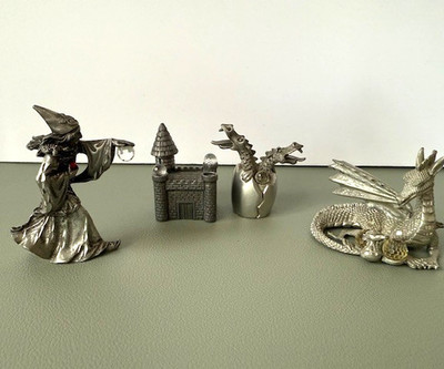 Pewter Dragon & Wizard Figurines - Mixed Lot of 4 Miniatures Vintage