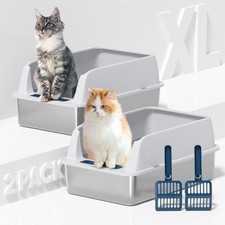 2 Pack Stainless Steel Cat Litter Box with High Sides Lid Extra Large Big Cats
