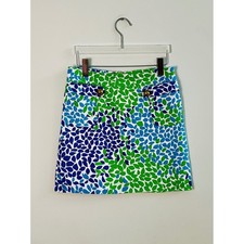 Melly M Womens Green Blue Leaf Print Mini Skirt Gold Button Size 2 Made in USA