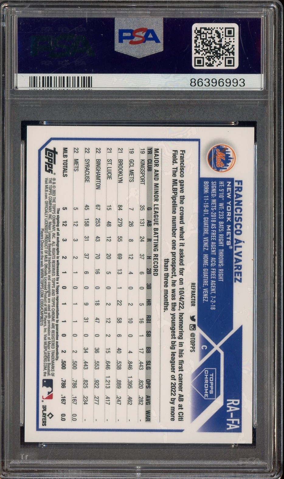 2023 Topps Chrome Refractor Francisco Alvarez RC Rookie AUTO 173/499 PSA 10 view 2