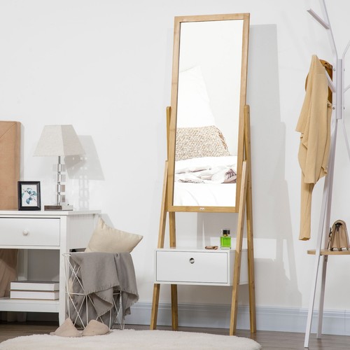 HOMCOM Specchio con Cornice in Bambù e Cassetto in MDF per Camera da Letto - Foto 2 di 10