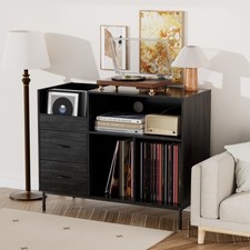 Record Player Stand with Power Strip Vinyl Storage Cabinet Flip Top Media Consol