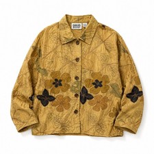 Chicos Design Vintage Silk Embroidered Floral Jacket Mustard Yellow Size 2 Large