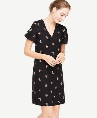 Ann Taylor Dress Sz 0 Black Shift Tossed Floral Double Ruffle Flutter Sleeve