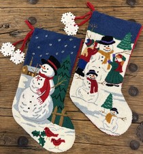 2 VTG Needlepoint Christmas Stockings With Red Velvet Backing