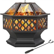 Outdoor Fire Pit Bowl 61cm Heavy Duty Heating Mesh Cover Poker Hexagon, Black