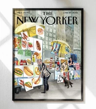 The New Yorker Poster, NYC Street Food Hot Dog Cart Vintage Wall Art Decor