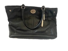 Coach Black Pebbled Tote Bag Silver Turn Lock Blue Lining Pockets Studs Charm