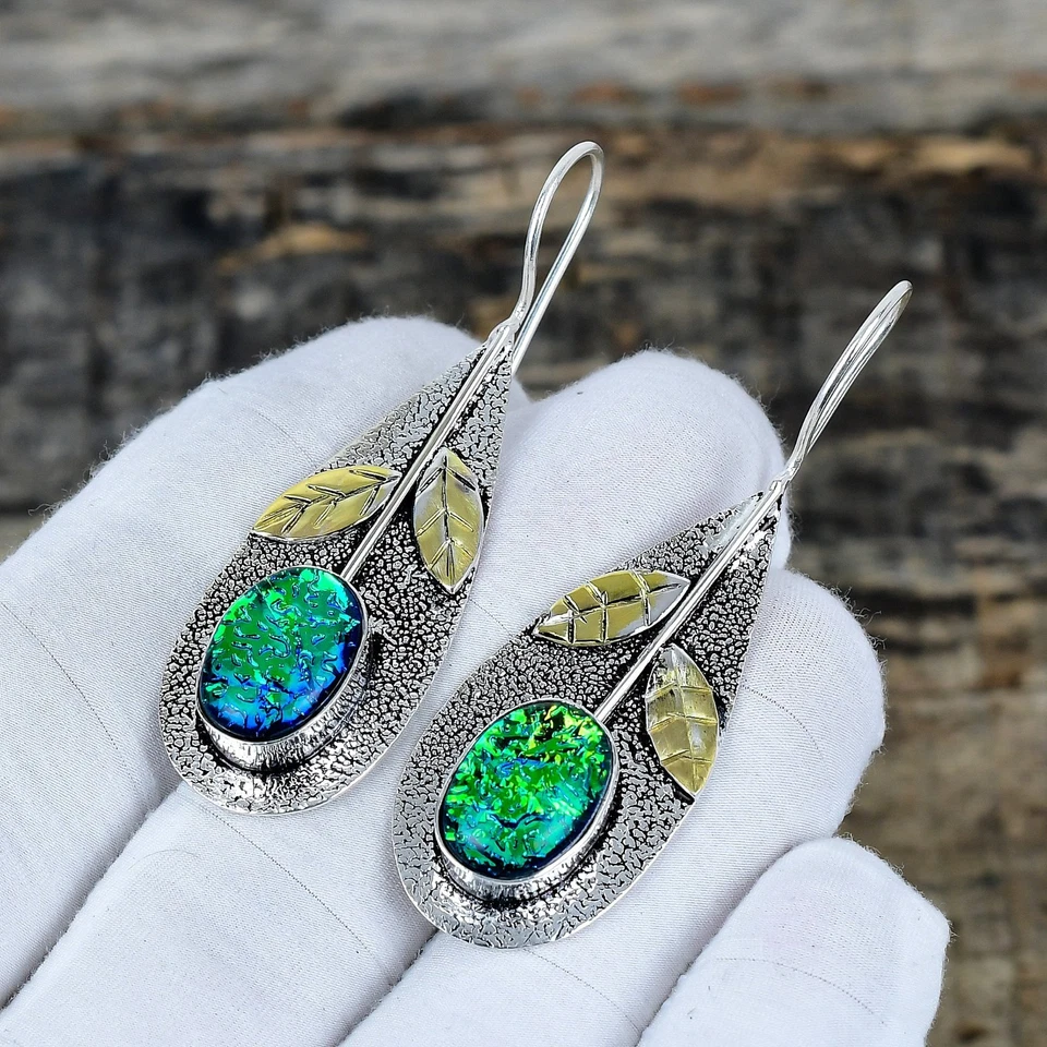 Orecchini In Argento Sterling 925 Con Gemma Opale Triplo Australiano Regalo - Immagine 3 di 4