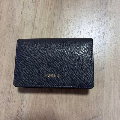 FURLA Gray Leather Card Case Business Card Holder Used Japan
