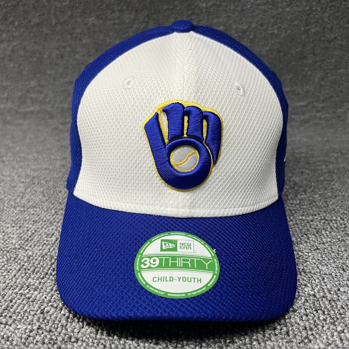 New Era 39THIRTY Milwaukee Brewers Child Youth Stretch Fit Hat Blue White