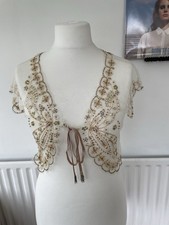 Vintage Next Sheer beaded White Bolero- Lace Tie front Beaded Design- Size M