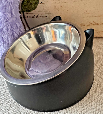 New Black Kitty Cat Water or Food Stainless Steel Bowl & Raised Base - 4''