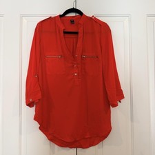 Windsor Top L Red Orange Chiffon Henley Tunic Zip Pocket Roll Tab Sleeve Blouse