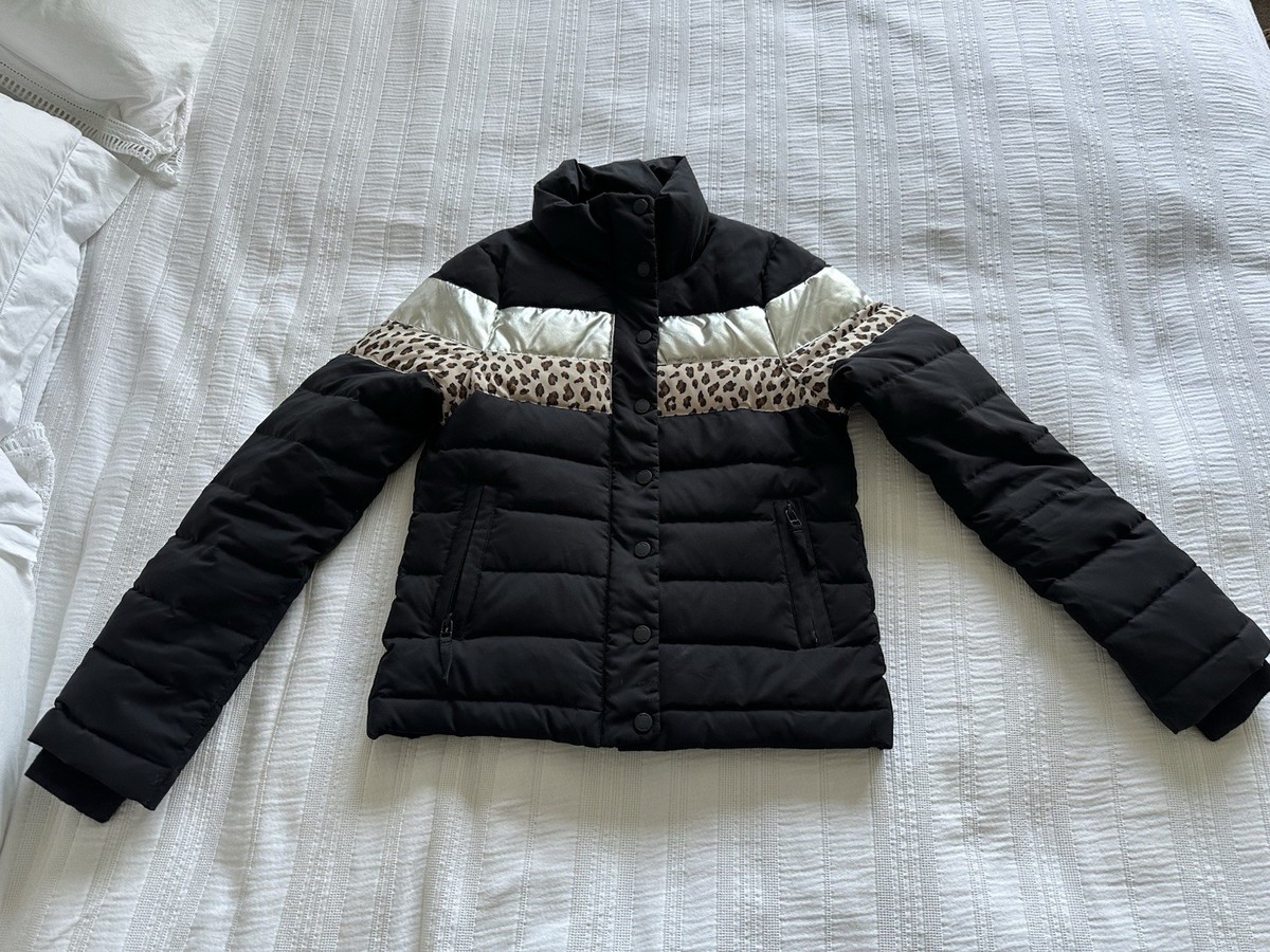 Boden Black Silver Leopard Down Feather Puffer Jacket Size