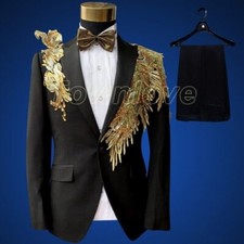 Mens Black Gold Sequins Rhinestone One Button Coats pants Suits Formal Dress new