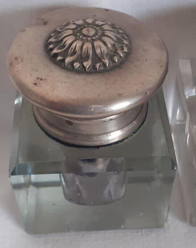 Antique old collectible silver sterling portuguese crystal pair inkwell - Picture 3 of 16
