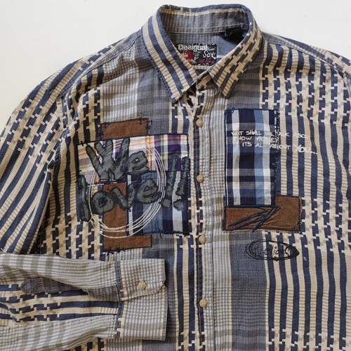 Desigual Patchwork Long Sleeve Artsy Button Up Collared Shirt Men's XL Cotton