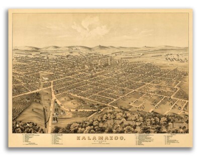 1874 Kalamazoo Michigan Vintage Old Panoramic City Map - 24x32