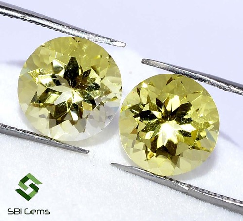 7.25 CTS Natural Lemon Quartz Round Cut Pair 10 mm Faceted Lustrous Gemstones - Picture 2 of 7