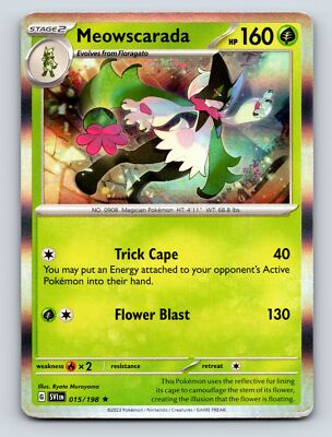 Stage 2 Meowscarada HP 160 Trick Cape Attack Rarity Green Vibrant Background