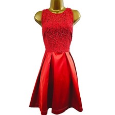 KAREN MILLEN 12 UK ( US 8) Bright Red Floral Lace Satin Skater Pleat Prom Dress