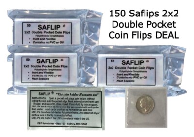 150 SAFLIPS 2x2 Münz-Kunststoffhalter Archivhüllen Mylar-Flips 3 Packungen An...