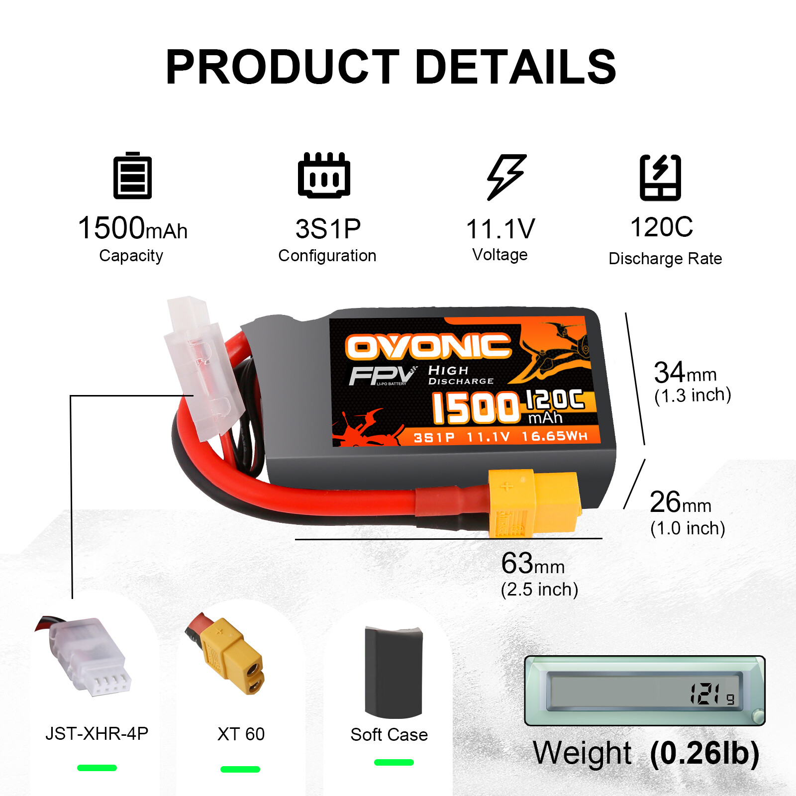 2X OVONIC 11.1V 3S 1500mAh 120C Lipo Battery XT60 for Drone FPV Quad crawler