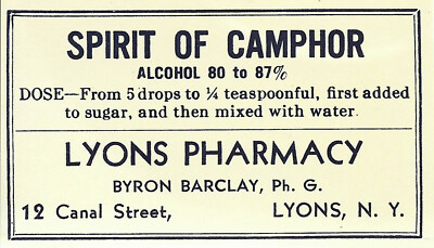 1 Vintage Pharmacy Label SPIRIT OF CAMPHOR Lyons Pharmacy Lyons New York