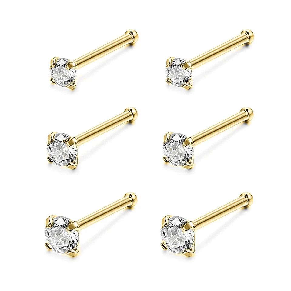 Juego de 6 piezas de pernos nasales de acero inoxidable 20G enchapados en oro circonita cúbica piercing joyería Foto 4 de 4