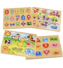 Wooden Toddler Peg Puzzle Set Animal-Vehicle-Numbers  Shapes Laser Cut 4 Pack 