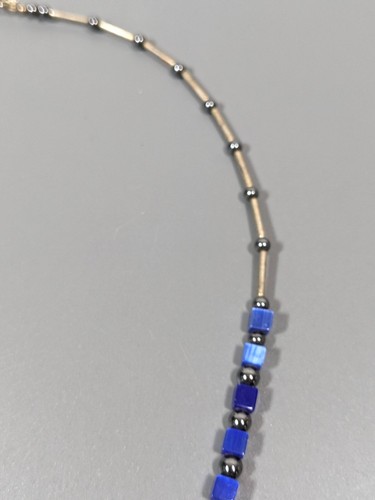Beachy Coastal Blue Glass Square Bead Hematite Stone Necklace 18 inch - Picture 4 of 7