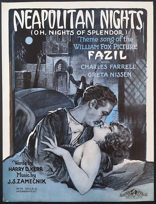 1928 ''FAZIL'' MOVIE SHEET MUSIC STORE ADVERTISING POSTER ''NEOPOLITAN NIGHTS''