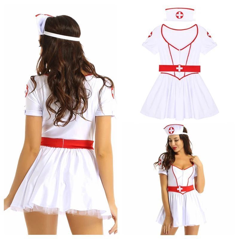 Women's Hospital Nurse Costume with Dress Belt and Head Piece for Carnival Party - Image 3 of 3