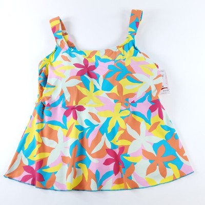 New Lands' End Plus Flutter Tankini Top 529664 Turquoise Multi Graphic Floral