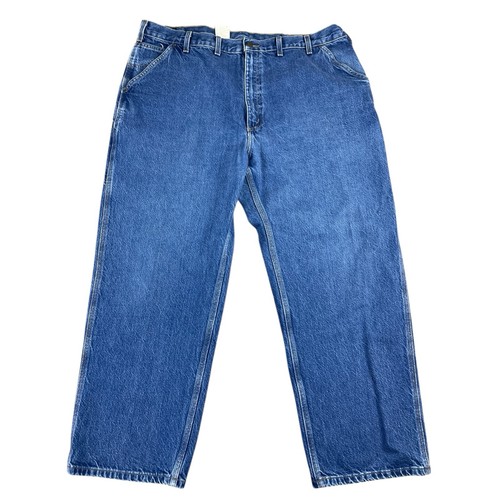 Blue denim Y2K Carhartt men’s carpenter jeans with faded thighs, front pockets, and visible white stitching.