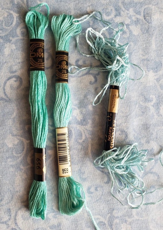 LOT 3 Embroidery Thread~DMC Cotton #959 Sea Green~JP Coats Rayon #3 Angel Blue