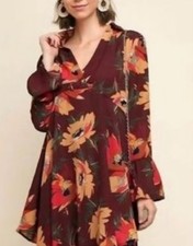 Umgee Women's Floral Mini Oversized Burgundy Dress Size Small Boho