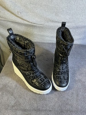 Karl Lagerfeld Paris Boots Womens Size 10 Black Berdina Wedge Snow Slip On Logo