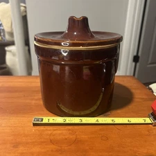 Vintage Cheese Crock with Lid Dark Brown Glaze Jar USA